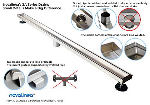 Novalinea - 54 Inch Linear Shower Drain with Tile Insert Grate, Includes Hair Strainer and Leveling Feet, 2 Inch Center Outlet, 304 Stainless Steel