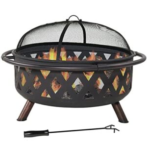 sunnydaze black crossweave heavy-duty steel outdoor fire pit - includes spark screen, poker and cover - 36-inch round