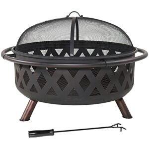 Sunnydaze Black Crossweave Heavy-Duty Steel Outdoor Fire Pit - Includes Spark Screen, Poker and Cover - 36-Inch Round