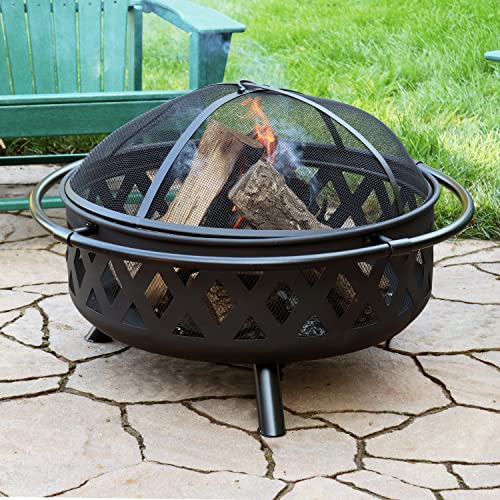 Sunnydaze Black Crossweave Heavy-Duty Steel Outdoor Fire Pit - Includes Spark Screen, Poker and Cover - 36-Inch Round