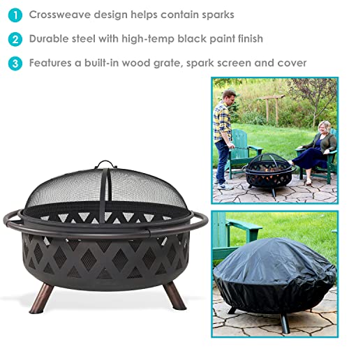 Sunnydaze Black Crossweave Heavy-Duty Steel Outdoor Fire Pit - Includes Spark Screen, Poker and Cover - 36-Inch Round