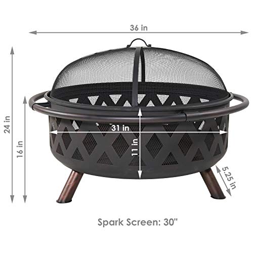 Sunnydaze Black Crossweave Heavy-Duty Steel Outdoor Fire Pit - Includes Spark Screen, Poker and Cover - 36-Inch Round