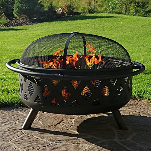 Sunnydaze Black Crossweave Heavy-Duty Steel Outdoor Fire Pit - Includes Spark Screen, Poker and Cover - 36-Inch Round