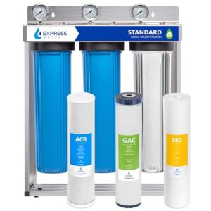 express water whole house water filter system - 3-stage water filtration system with sediment, gac & carbon filters - reduce chlorine - clean drinking water - stainless steel - water pressure gauge