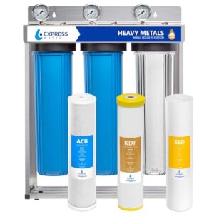 express water - whole house water filter system - 3-stage water filtration system - sediment, kdf & carbon filters - reduce heavy metals - clean drinking water - stainless steel - water pressure gauge