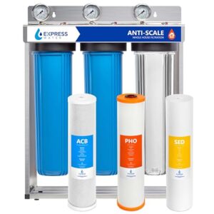 express water whole house water filter system, anti-scale 3 stage water filtration system - polyphoshate sediment carbon filters - protect from scale & corrosion, clean drinking water, stainless steel