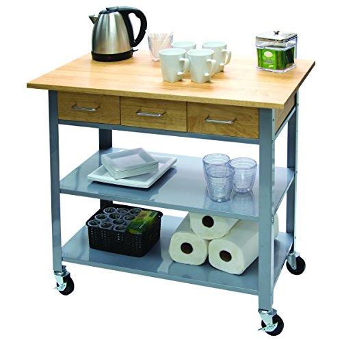 Vertiflex countertop serving cart, wood, 3 shelves, 3 drawers, 35.5" x 19.75" x 34.25", oak/gray