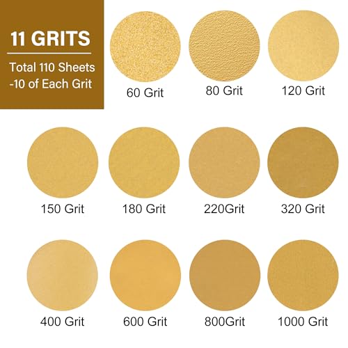 LotFancy Sanding Disc, 5 Inch 8 Hole, 110PCS 60 80 120 150 180 220 320 400 600 800 1000 Grit Sandpaper Assortment, Hook and Loop Sand Paper, Random Orbital Sander Pads