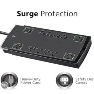 Monoprice 12 Outlet Slim Surge Protector Power Strip - 10 Feet - Black | Heavy Duty Cord | UL Rated, 4,230 Joules With Grounded And Protected Light Indicator