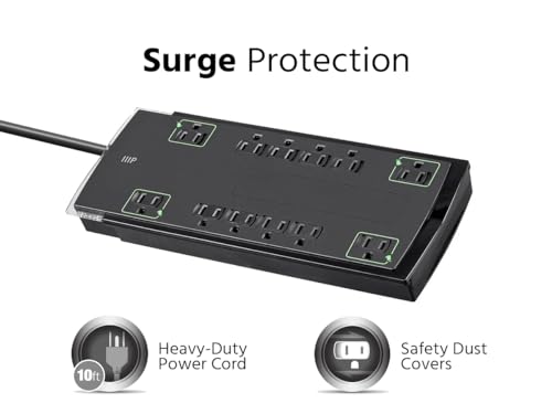 Monoprice 12 Outlet Slim Surge Protector Power Strip - 10 Feet - Black | Heavy Duty Cord | UL Rated, 4,230 Joules With Grounded And Protected Light Indicator