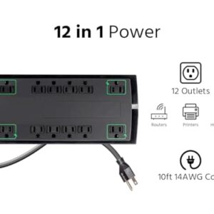 Monoprice 12 Outlet Slim Surge Protector Power Strip - 10 Feet - Black | Heavy Duty Cord | UL Rated, 4,230 Joules With Grounded And Protected Light Indicator