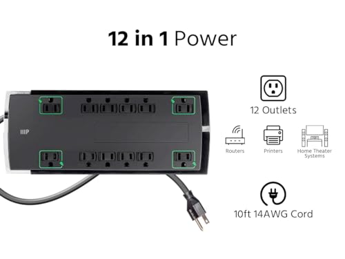 Monoprice 12 Outlet Slim Surge Protector Power Strip - 10 Feet - Black | Heavy Duty Cord | UL Rated, 4,230 Joules With Grounded And Protected Light Indicator