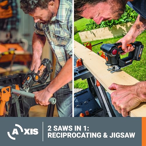 Worx 20V AXIS 2-in-1 Cordless Reciprocating Saw & Jig Saw, Orbital Cutting Reciprocating Saw, Pivoting Head Jigsaw Tool with Tool-Free Blade Change, Power Share WX550L – Battery & Charger Included