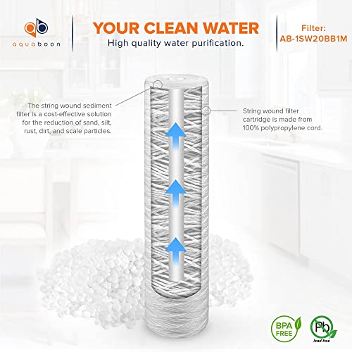 Aquaboon 1 Micron 20" x 4.5" String Wound Sediment Water Filter Cartridge | Whole House Sediment Filtration | Compatible with PC40-20, WP1BB20P, 355222-45, WPP-45200-01, WPP-45200-01, 84650, 2-Pack