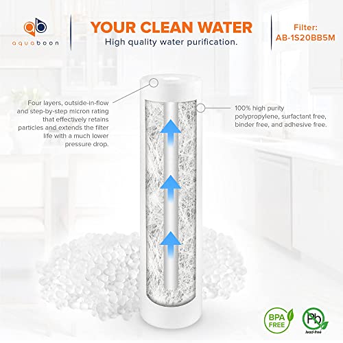 Aquaboon 5 Micron 20" x 4.5" Sediment Water Filter Replacement Cartridge | Whole House Sediment Filtration | COMPATIBLE WITH: AP810-2, SDC-45-2005, FPMB-BB5-20, P5-20BB, FP25B, 155358-43, 8 Pack