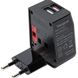 Targus World Travel Power Adapter with Dual USB Charging Ports for Laptop, Phone, Tablet, or Other Mobile Device (APK032US)