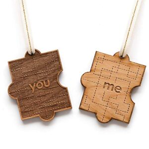 You And Me Puzzle Piece Wood Ornament Pair for Wedding Anniversary, Holiday [Personalized Name Love Ornament, Christmas Gift for Mom, Dad, Husband, Couple, Made in the USA]