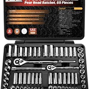 69 Pieces - EPAuto 1/4” & 3/8” Drive Socket Set with Pear Head Ratchet, Chrome (92-824)