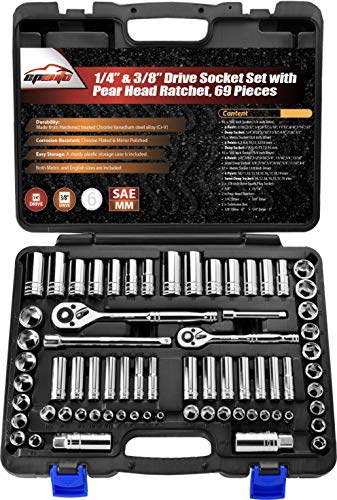 69 Pieces - EPAuto 1/4” & 3/8” Drive Socket Set with Pear Head Ratchet, Chrome (92-824)