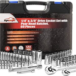 69 Pieces - EPAuto 1/4” & 3/8” Drive Socket Set with Pear Head Ratchet, Chrome (92-824)