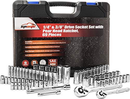 69 Pieces - EPAuto 1/4” & 3/8” Drive Socket Set with Pear Head Ratchet, Chrome (92-824)