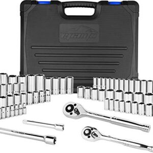 69 Pieces - EPAuto 1/4” & 3/8” Drive Socket Set with Pear Head Ratchet, Chrome (92-824)