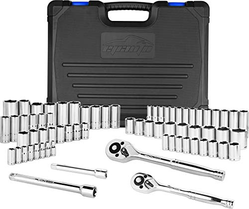 69 Pieces - EPAuto 1/4” & 3/8” Drive Socket Set with Pear Head Ratchet, Chrome (92-824)