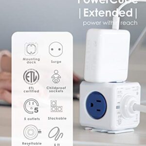 Allocacoc, PowerCube |Extended|, 5 outlets, 5 feet cable, Mounting dock, Surge Protection, Childproof Sockets, ETL Certified (Blue)