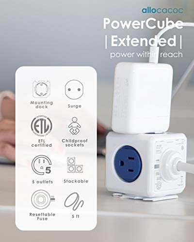 Allocacoc, PowerCube |Extended|, 5 outlets, 5 feet cable, Mounting dock, Surge Protection, Childproof Sockets, ETL Certified (Blue)