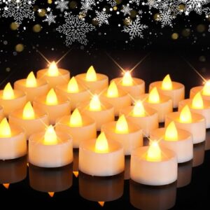 homemory value 24pack flameless led candles tea lights battery operated, 200+hours electric fake plasitc candles tealights for votive, halloween, pumkin, ofrenda, diya, table decor, funeral, amber