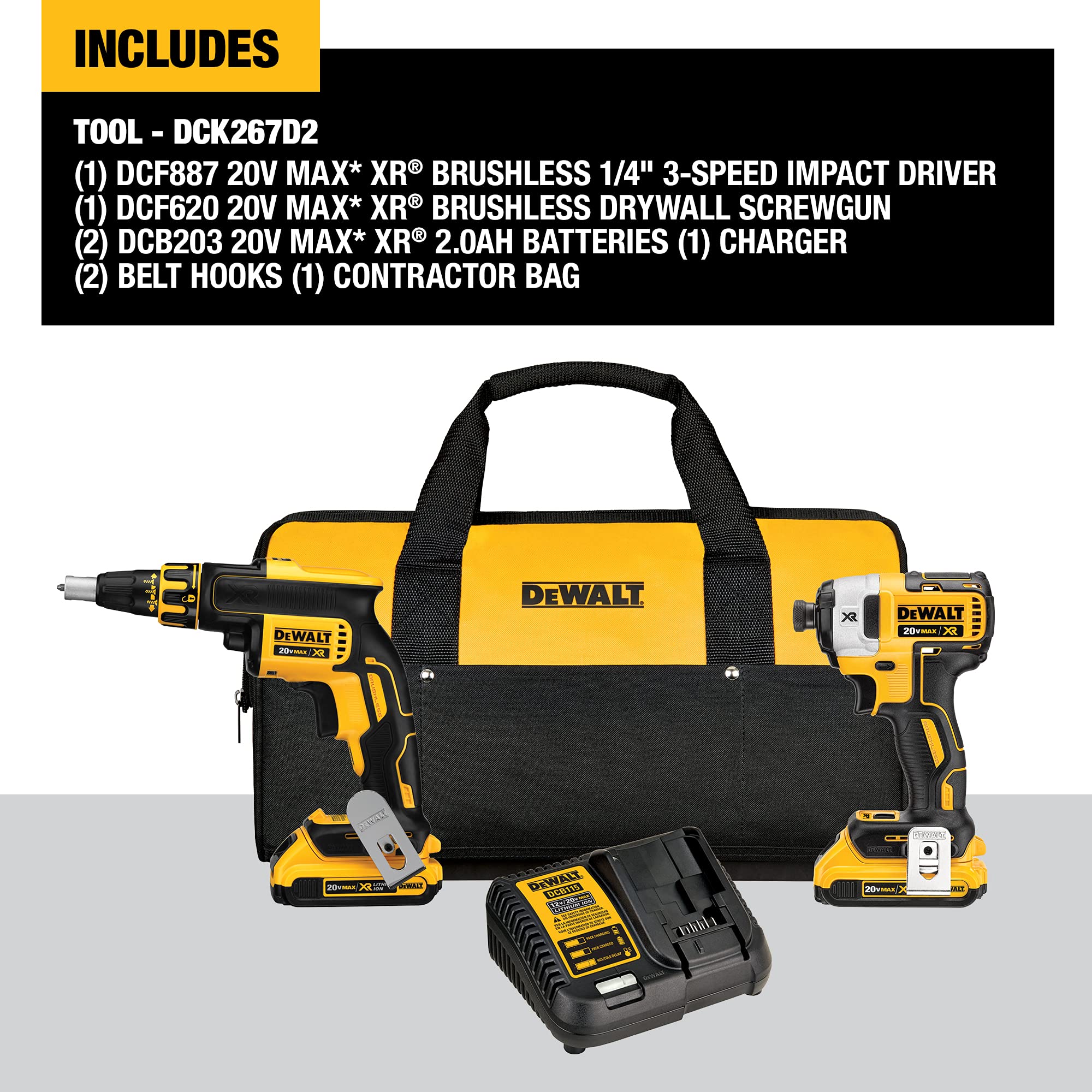 DEWALT 20V MAX* XR Drywall Screw Gun & Impact Driver Kit, 2.0-Amp Hour (DCK267D2)