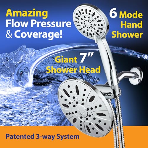 AquaDance 7" Premium High Pressure 3-Way Rainfall Combo Combines The Best of Both Worlds-Enjoy Luxurious Rain Showerhead and 6-Setting Hand Held Shower Separately or Together, Chrome