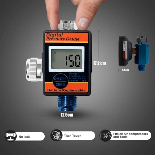 LE LEMATEC Air Compressor Regulator Valve with Digital Pressure Gauge, for Precise Control in Air/Pneumatic Tool, Spray Painting, Tire Inflation & More, ¼ NPT, Up to 160 PSI, LED Display (DAR01B)