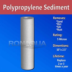 Sediment Water Filter Cartridge by Ronaqua 10"x 2.5", Four Layers of Filtration, Removes Sand, Dirt, Silt, Rust, made from Polypropylene (2 Pack, 5 Microns)