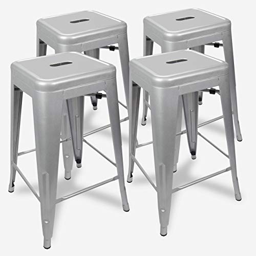 UrbanMod 24 Inches Metal Barstool Set of 4 – Counter Height Backless Bar Stool for Kitchen Island, Breakfast, Outdoors, Pub, Restaurant, Home, Patio – Stackable Heavy Duty Modern & Industrial (Silver)