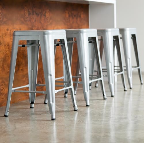 UrbanMod 24 Inches Metal Barstool Set of 4 – Counter Height Backless Bar Stool for Kitchen Island, Breakfast, Outdoors, Pub, Restaurant, Home, Patio – Stackable Heavy Duty Modern & Industrial (Silver)