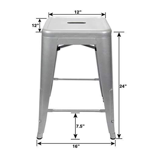 UrbanMod 24 Inches Metal Barstool Set of 4 – Counter Height Backless Bar Stool for Kitchen Island, Breakfast, Outdoors, Pub, Restaurant, Home, Patio – Stackable Heavy Duty Modern & Industrial (Silver)