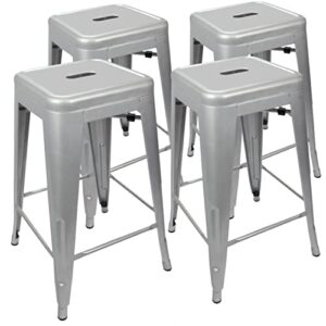 UrbanMod 24 Inches Metal Barstool Set of 4 – Counter Height Backless Bar Stool for Kitchen Island, Breakfast, Outdoors, Pub, Restaurant, Home, Patio – Stackable Heavy Duty Modern & Industrial (Silver)