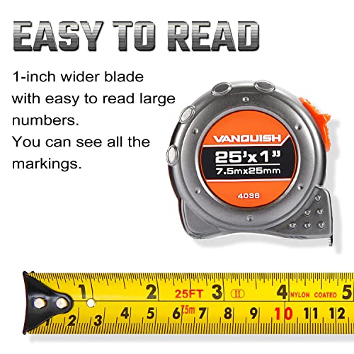 VANQUISH Heavy-Duty Tap Measure 25'/7.5m x 1"/25mm Easy Read Measuring Tape (4036)