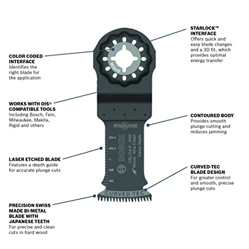 BOSCH OSL114JF-10 10-Pack 1-1/4 In. Starlock Oscillating Multi Tool Wood Curved-Tec Bi-Metal Xtra-clean Plunge Cut Blades for Applications in Cutting Wood, Hardwood, Laminate