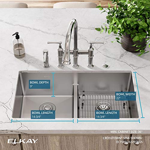 Elkay Crosstown ECTSRA33229TBG5 Equal Double Bowl Dual Mount Stainless Steel Kitchen Sink Kit with Aqua Divide