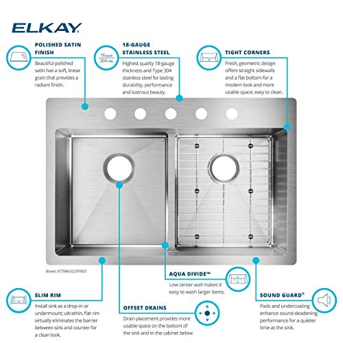 Elkay Crosstown ECTSRA33229TBG5 Equal Double Bowl Dual Mount Stainless Steel Kitchen Sink Kit with Aqua Divide