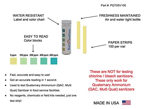 Restaurant Quaternary Ammonium (QAC, Multi Quat) Sanitizer Test Paper, 0-500 ppm [Vial of 100 Paper Strips]