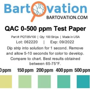 Restaurant Quaternary Ammonium (QAC, Multi Quat) Sanitizer Test Paper, 0-500 ppm [Vial of 100 Paper Strips]