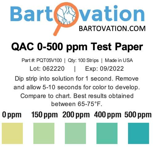 Restaurant Quaternary Ammonium (QAC, Multi Quat) Sanitizer Test Paper, 0-500 ppm [Vial of 100 Paper Strips]