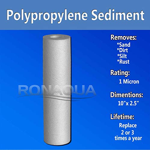 Sediment Water Filter Cartridge by Ronaqua 10"x 2.5", Four Layers of Filtration, Removes Sand, Dirt, Silt, Rust, made from Polypropylene (25 Pack, 1 Micron)