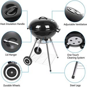 SRHMYWBW 22 Inch Round Kettle Charcoal Grill Portable Charcoal Grill with Wheels Plated Steel Grates Charcoal BBQ Grill for Outdoor Camping Picnic Patio Backyard Grilling Black