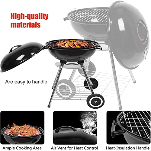 SRHMYWBW 22 Inch Round Kettle Charcoal Grill Portable Charcoal Grill with Wheels Plated Steel Grates Charcoal BBQ Grill for Outdoor Camping Picnic Patio Backyard Grilling Black