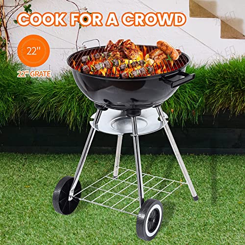 SRHMYWBW 22 Inch Round Kettle Charcoal Grill Portable Charcoal Grill with Wheels Plated Steel Grates Charcoal BBQ Grill for Outdoor Camping Picnic Patio Backyard Grilling Black