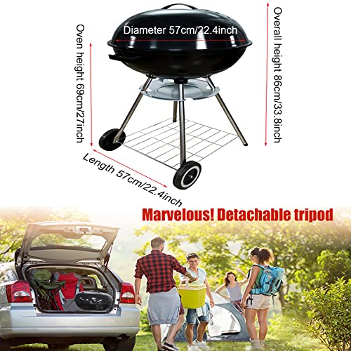 SRHMYWBW 22 Inch Round Kettle Charcoal Grill Portable Charcoal Grill with Wheels Plated Steel Grates Charcoal BBQ Grill for Outdoor Camping Picnic Patio Backyard Grilling Black